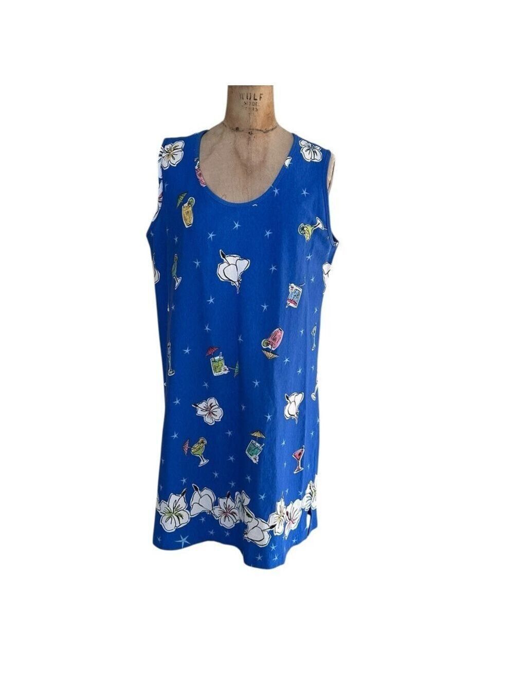 Dee California Vintage Blue Floral/Cocktails Women's Shift Dress Cotton Size XL - Picture 2 of 7
